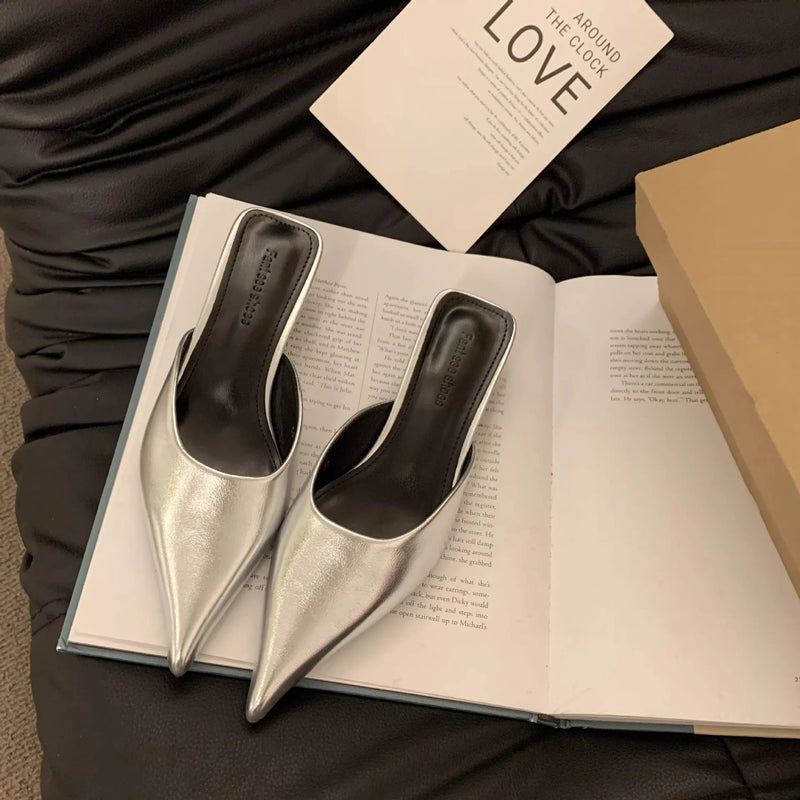 Pointed Toe Women Mules Slipper Fashion Candy Color Ladies Elegant Dress Sandal Square Low Heel Slip on Slides Shoes