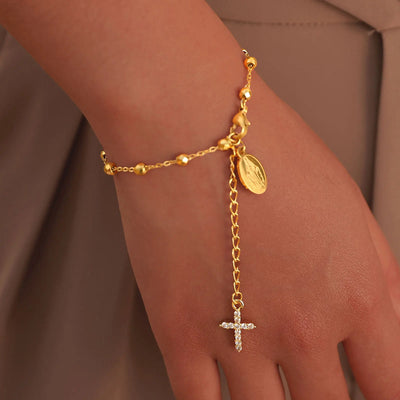 Charm Cubic Zirconia Cross Rosary Bracelet for Women, Stainless Steel Mary Adjustable Link, Religious Jewelry Gift | SAMAG