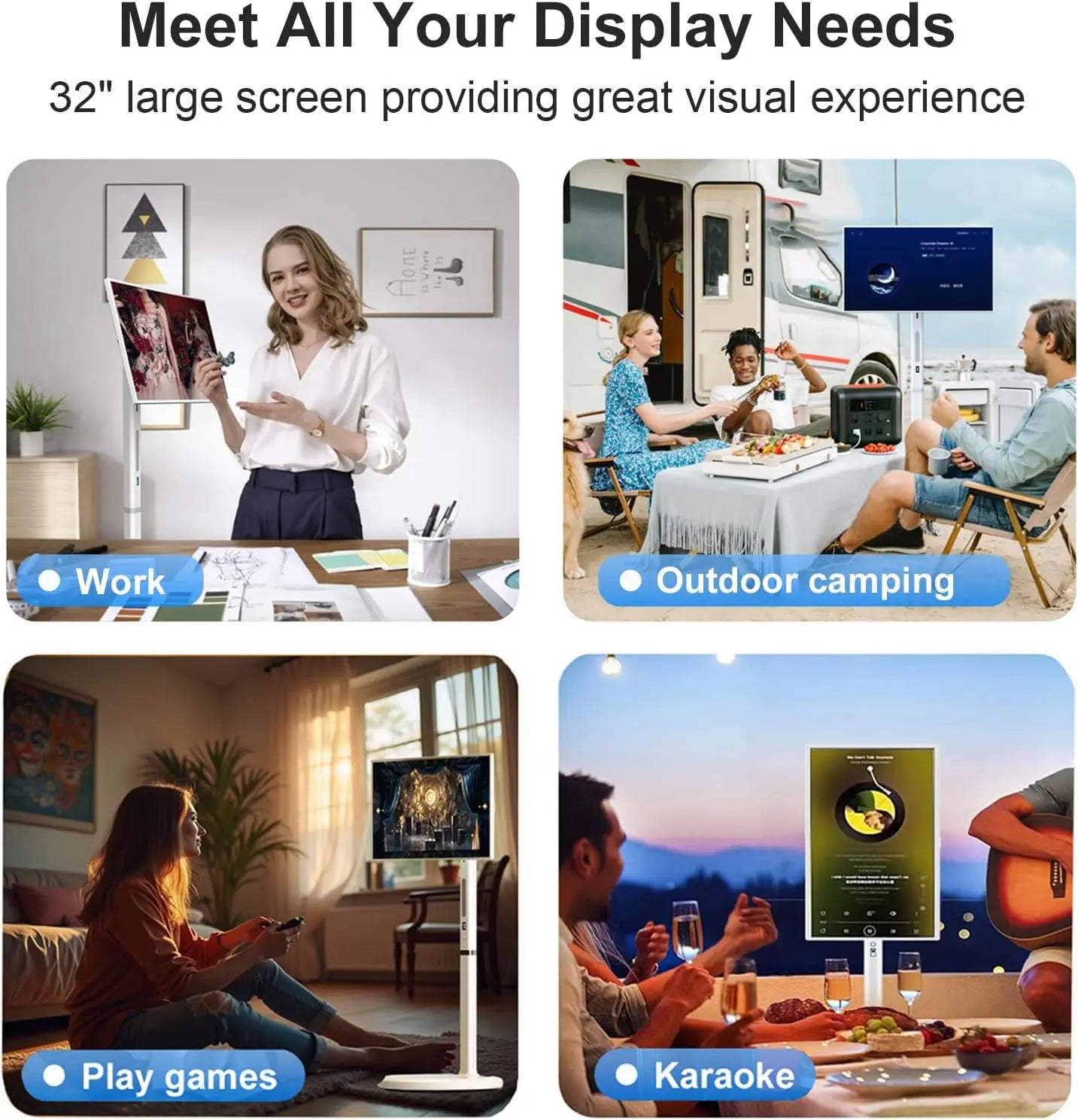 32" Smart Portable TV 1080P, 8+128G, HshWeiy Portable Touch Screen TV Qualcomm 665 CPU, Full Swivel Rotation Rolling TV