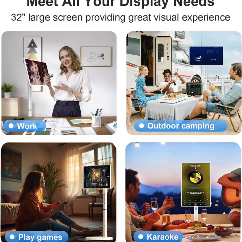 32" Smart Portable TV 1080P, 8+128G, HshWeiy Portable Touch Screen TV Qualcomm 665 CPU, Full Swivel Rotation Rolling TV