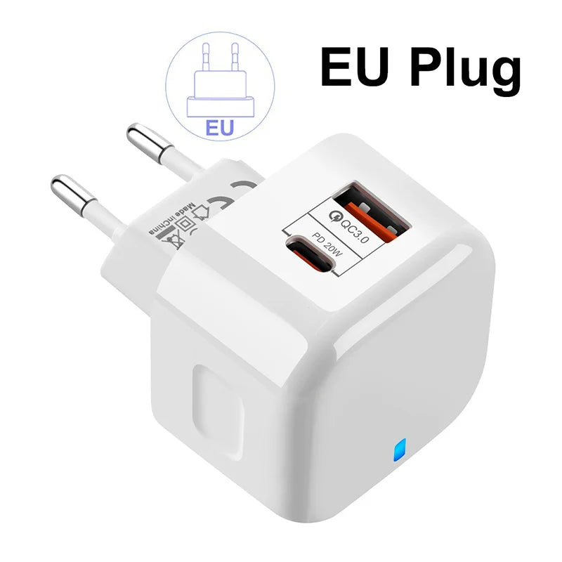 USB Type C PD 20W QC 3.0 Fast Charger Portable Wall Charger Adapter For iPhone 17 16 15 Pro Xiaomi Huawei Samsung EU US UK Plug