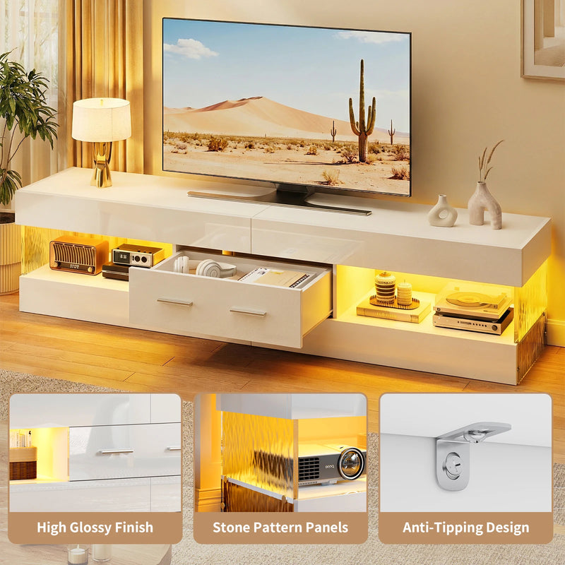 67" TV Stand for 75" TVs, High Gloss LED Media Console with Stone Doors, Drawer & Storage for Living Room, White