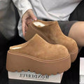 Women's Suede Platform Mules Round Toe Thick Chunky Sole Cotton Lined Warm Clogs Backless Slides Casual Height Increasing Shoes