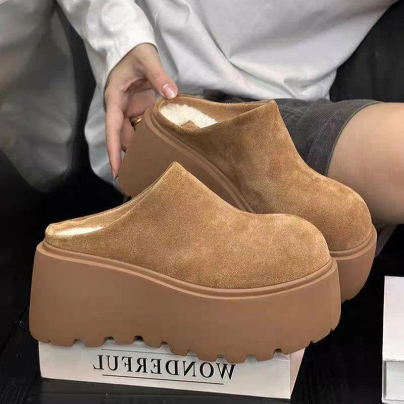 Women's Suede Platform Mules Round Toe Thick Chunky Sole Cotton Lined Warm Clogs Backless Slides Casual Height Increasing Shoes