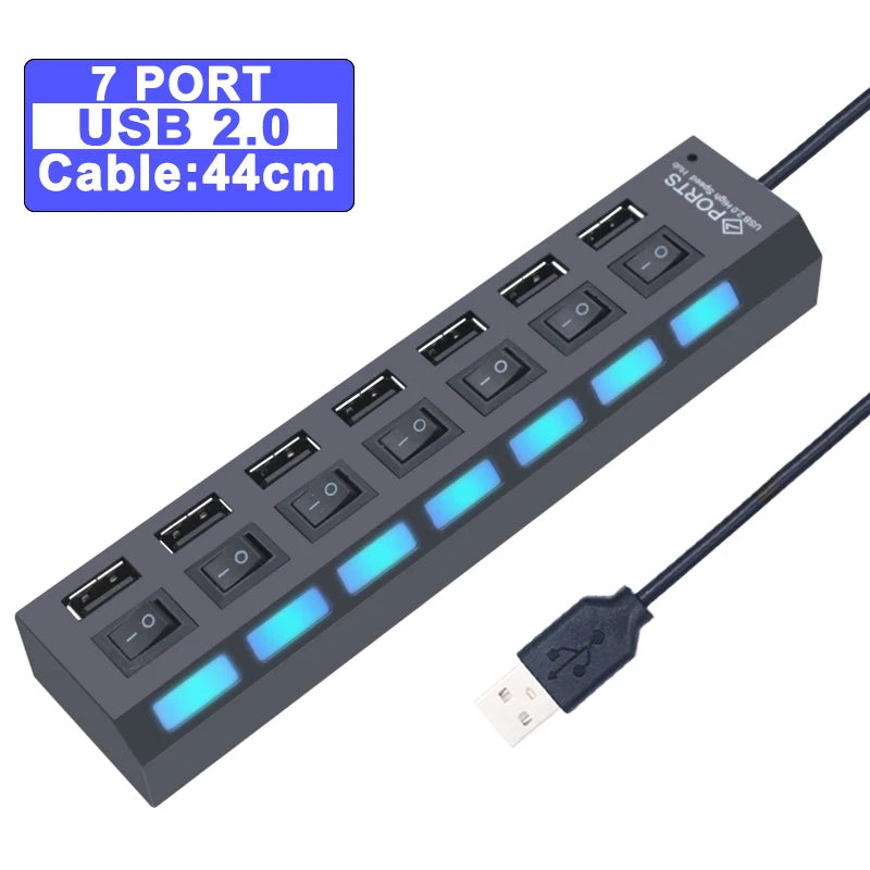 High Speed 7 Ports USB HUB 2.0 Adapter Expander Multi USB Splitter Multiple Extender with LED Lamp Switch for PC Laptop
