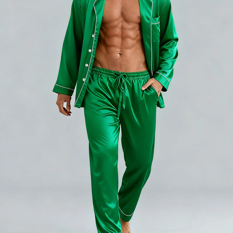 Men's Luxury Faux y Pajama Set with Black and White Contrast Trim, Long Sleeve and Pants, Comfortable Loose-Fit Loungewear