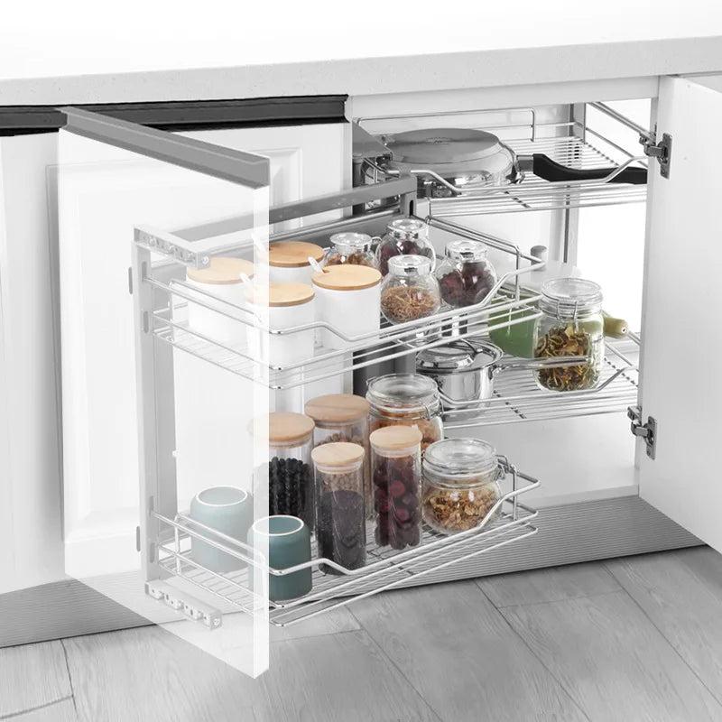Stainless Steel Storage Rack for Kitchen Cabinets, Corner - opening Drawer - style with Small Monster Pull - View 5 | SAMAG
