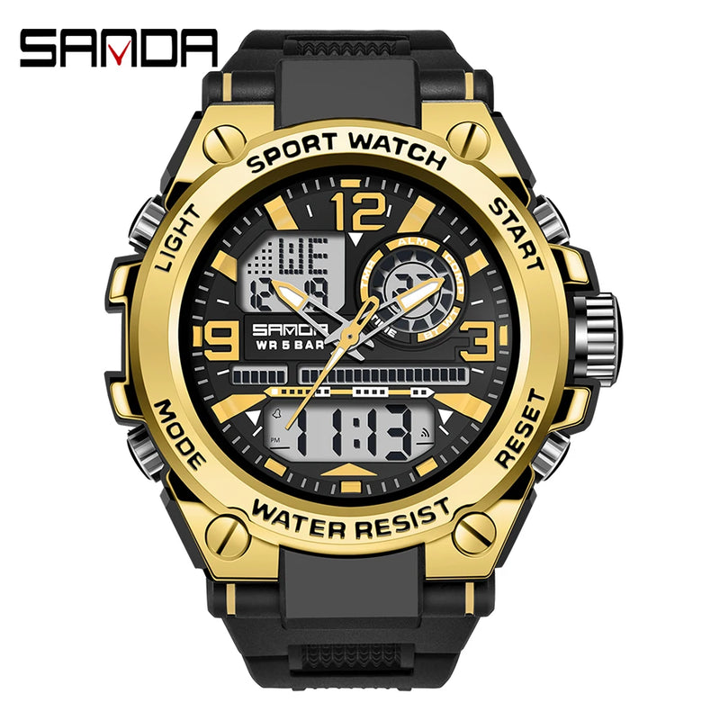SANDA 6024 Men Sports Quartz Watches Dual Display LED Electronic Digital Wristwatches Waterproof Watch Relogios Masculino