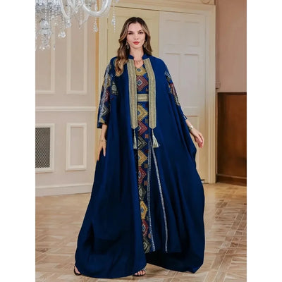 Eid Muslim Women Embroidery Dresses Open Abaya Suit | SAMAG