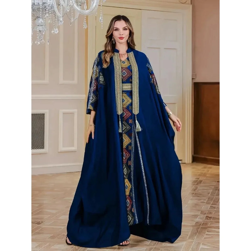 Eid Muslim 2 Piece Set Women Embroidery Dresses Open Abaya Suit Jalabiya Ramadan Dubai Kaftan Party Vestidos Cardigan Robe 2025