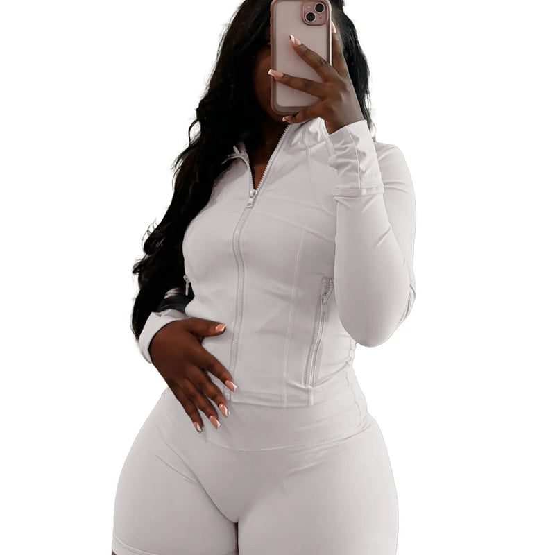 Fall Siold Bodycon Zipper Crop Top Women Tracksuits Sets+Trousers Women Black Gray 2 Two Pieces Matching Leggings Shorts Suits