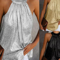 Women Gold Blouse 2025 New Fashion High Neck Sleeveless Hatler Tank Top Vest Summer Casual Loose Blouse Shirt Tee