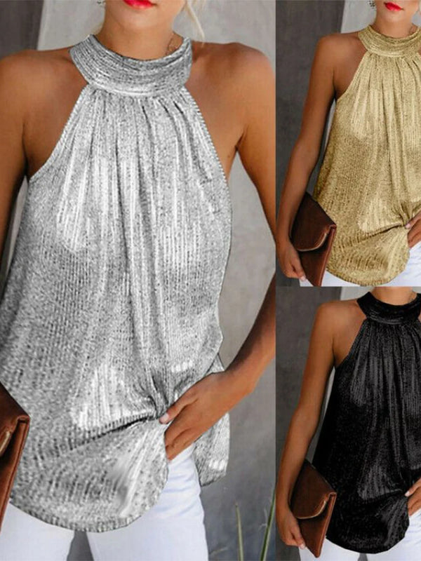 Women Gold Blouse 2025 New Fashion High Neck Sleeveless Hatler Tank Top Vest Summer Casual Loose Blouse Shirt Tee