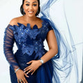 Aso Ebi Arabic Navy Blue Mermaid Evening Dresses Crystals | SAMAG