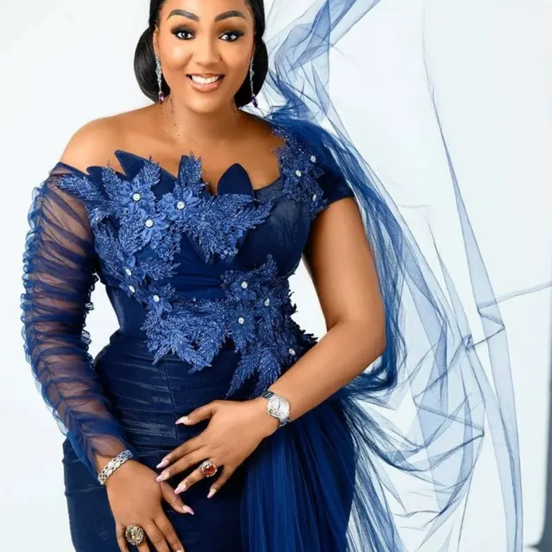 Aso Ebi Arabic Navy Blue Mermaid Evening Dresses Crystals | SAMAG