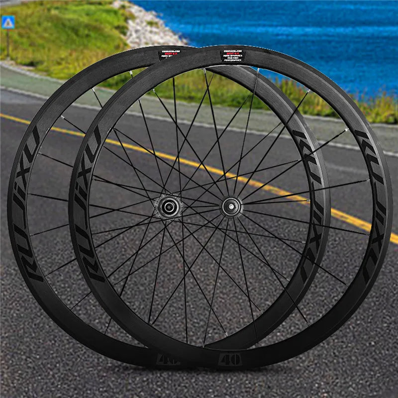 RUJIXU 700C 40mm Carbon fiber tube hub straight flat spoke road bike v brake wheelset rim brake wheel