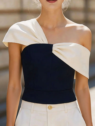 Chic One Shoulder Twisted Color Block Navy White Slim Fit | SAMAG
