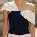 Chic One Shoulder Twisted Color Block Navy White Slim Fit | SAMAG