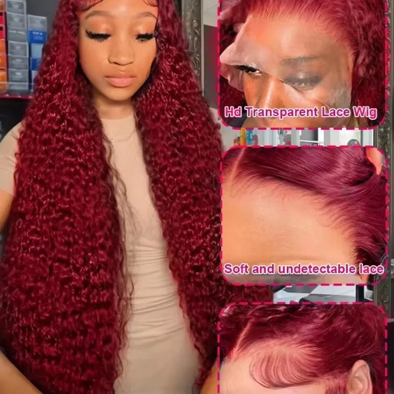 99J Burgundy 38 inch Peruvian Deep Wave 13x6 HD Lace Front Human Hair Wigs Women 13x4 Lace Frontal Wig 5x5 Glueless Closure Wig