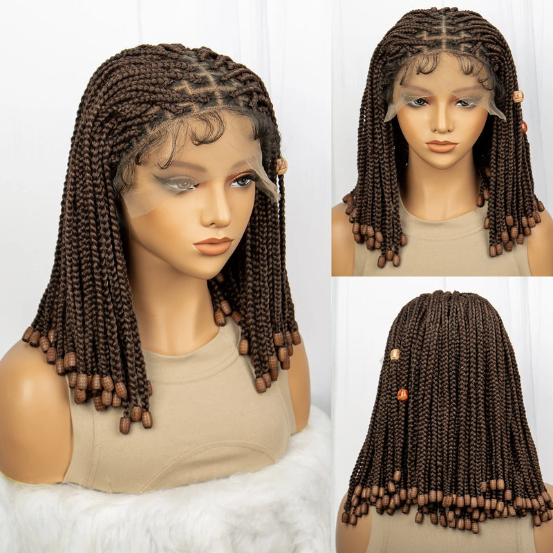 14inch Synthetic Lace Front Bob Braided Wig with Beads Short Box Braided Wigs Knotless Braided Wigs with Baby Hair for Women