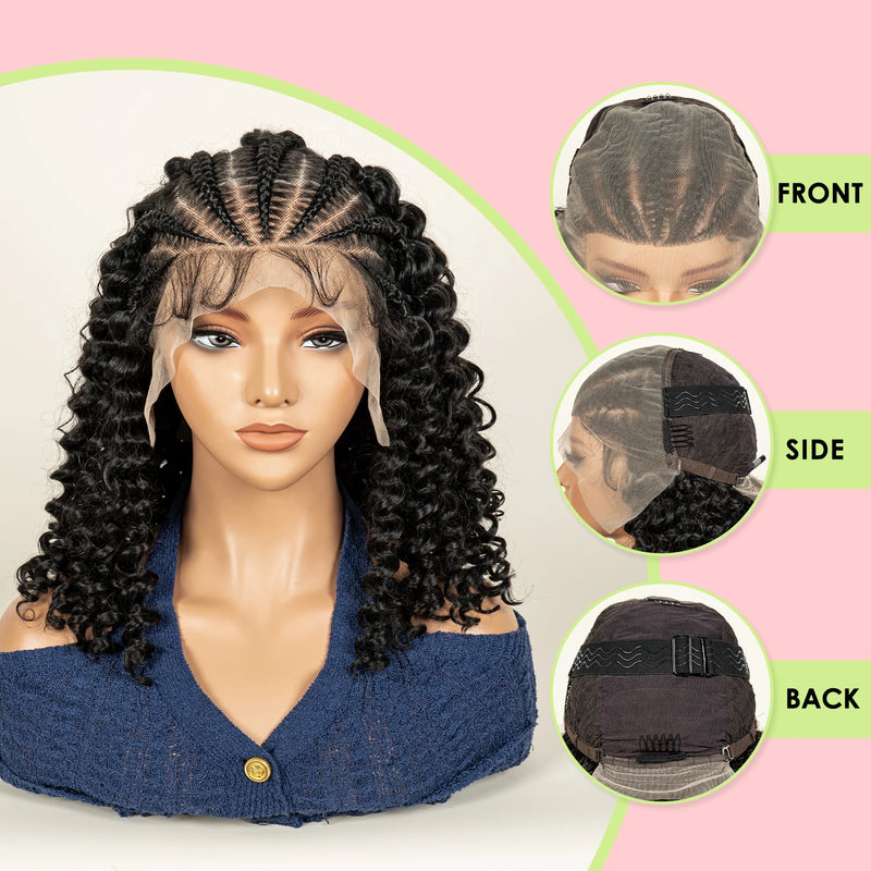 Cornrow Braided Curly Hair Wig Deep Wave Synthetic Hair Wigs with Baby Transparent 13x6 Lace Frontal 16in Hair Fits Black Women