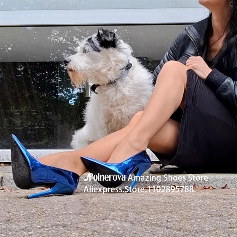 Metallic Blue Extreme Pumps 16cm Lacquered High Heels Sexy Style Pointed Toe Patent Leather Stilettos Fashionable Slip on Pumps