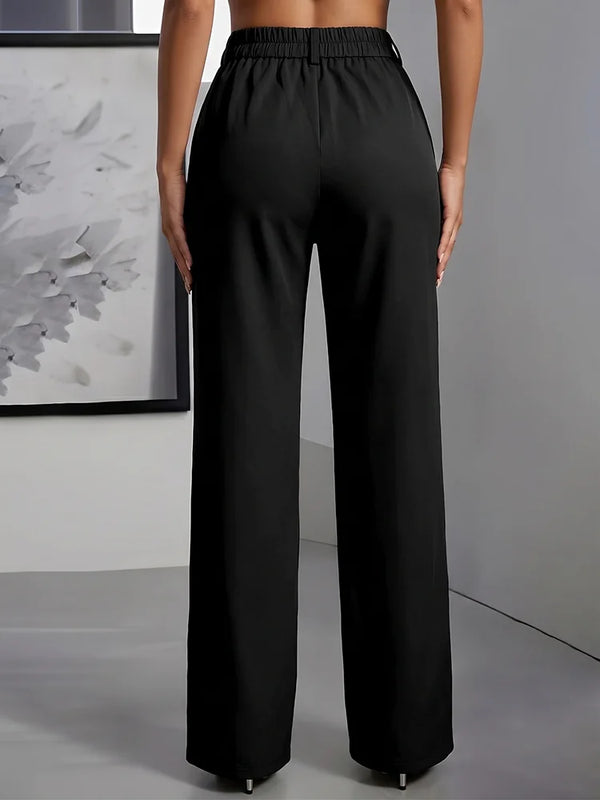 Women High Waisted Wide Leg Office Trousers, Solid Black - View 2 | SAMAG