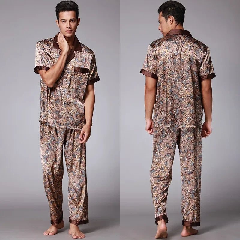Ice Silk Robe Loose Nightwear Loungewear Male Casual Home Clothes Print Shirt&pants Summer Autumn New Bathrobe with Pocket