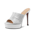 Arden Furtado Women's Silver Satin Peep Toe Slippers Round Toe Platform Super High Heel Crystal Banquet Shoes Summer