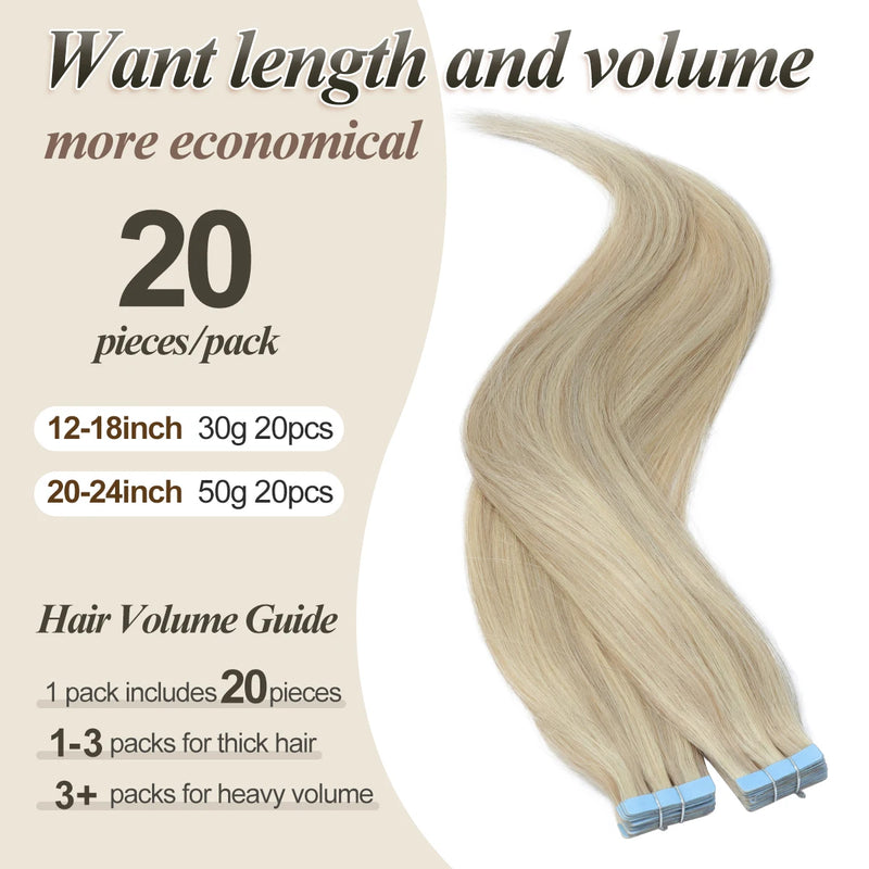 MRSHAIR Tape in Hair Extensions Human Hair Blonde Seamless Tape Hair Extensions 4x0.8cm Skin Weft PU Tape On Hair 20PCS 12"-24"