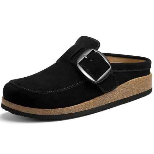 Kidmi Women's Classic loafer-inspired Design Vegan Leather Slip On Clogs With Big Buckle Lady Supportive Cork Footbed Slippers