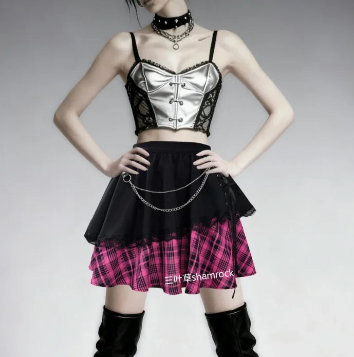 Summer Large Size New Irregular Punk Style Sexy Plaid Splicing Skirt Personalized Girl Subculture Lace Goth Style Short Skirt