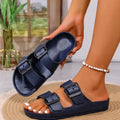 Women's Youth Mules New Summer Retro Casual Slip-On Shoes Eva One-Piece Double-Bar Half-Slip Flat Slippers with Adjustable Buckle