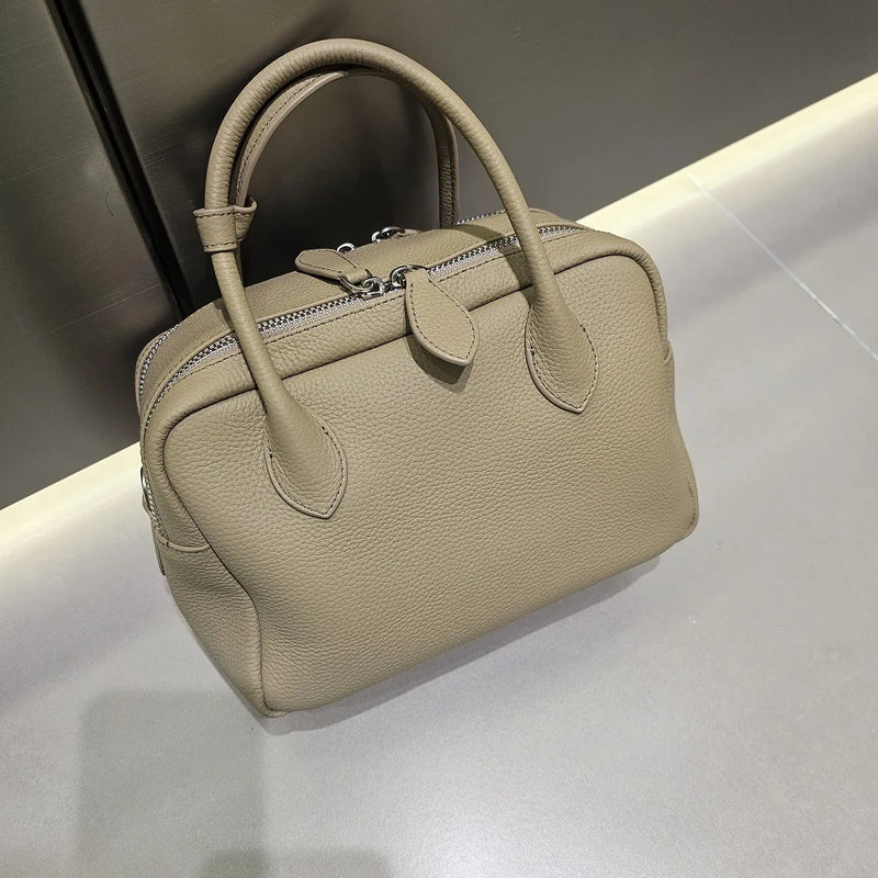 Genuine Leather Women's Boston Bag, New Niche Design Double Zipper Simple Wide Shoulder Strap Fashion Portable Shoulder Bag