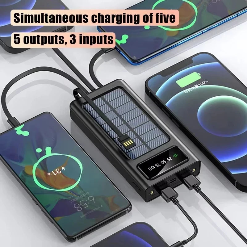 Portable Solar Charger Power Bank High Capacity External Rechargeable Solar Battery With 4 Cables For iPhone Samsung 2026