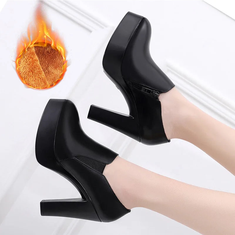 high quality leather shoe for women 8cm 11cm high heel platform point toe 32 33 34 elegant office autumn winter shoe black