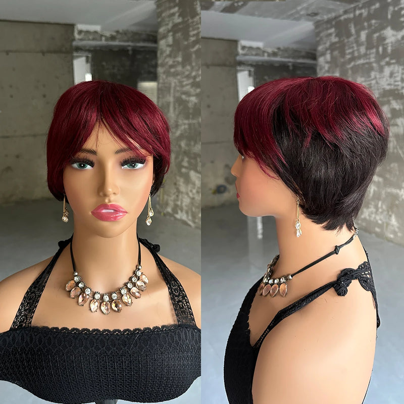 Straight Short Pixie Cut Wigs With Bangs For Women Ombre Brown Red Brazilian Human Hair Wigs Full Machine Made Wigs