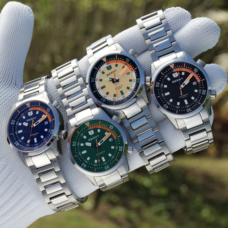BERNY Automatic Diving Watches for Men 20ATM Super Luminous Mechanical Men's Diver Watch Sapphire Full Stainless Steel Dive