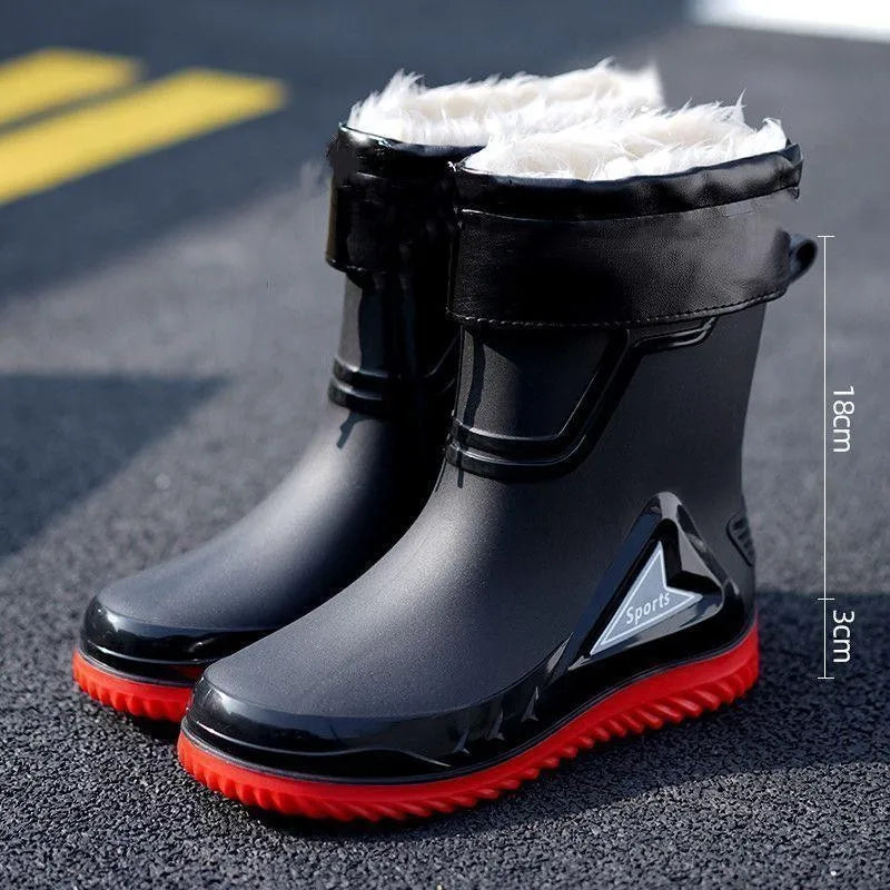 Rain Shoes Men's Medium Tube Non-slip Waterproof Shoes Outdoor Water Boots Thermal Short Tube Rubber Shoes Men