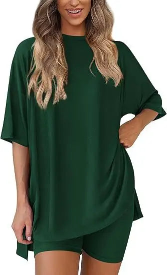2026women's New Fashion Trend Basic High-quality Casual Round Neck Slit Loose Casual and Comfortable Women's Two-piece Home Suit