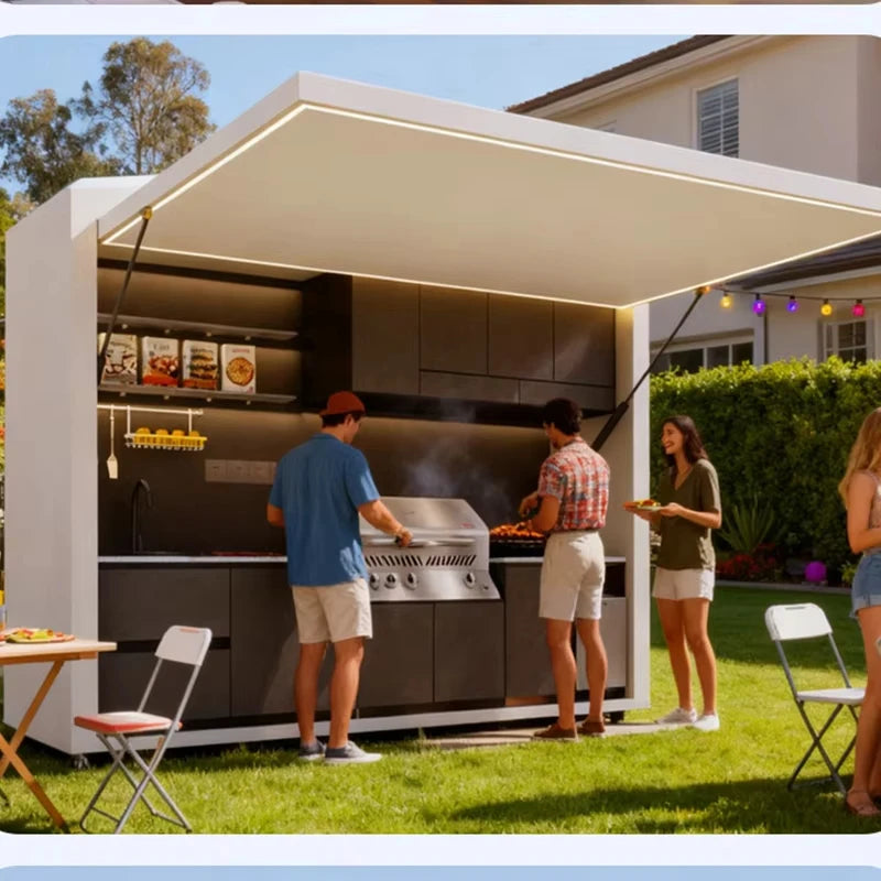Customized Garden Kitchen with Modular Cabinets and Grill Island Outdoor Kitchen Cabinets Aluminum casing LED light