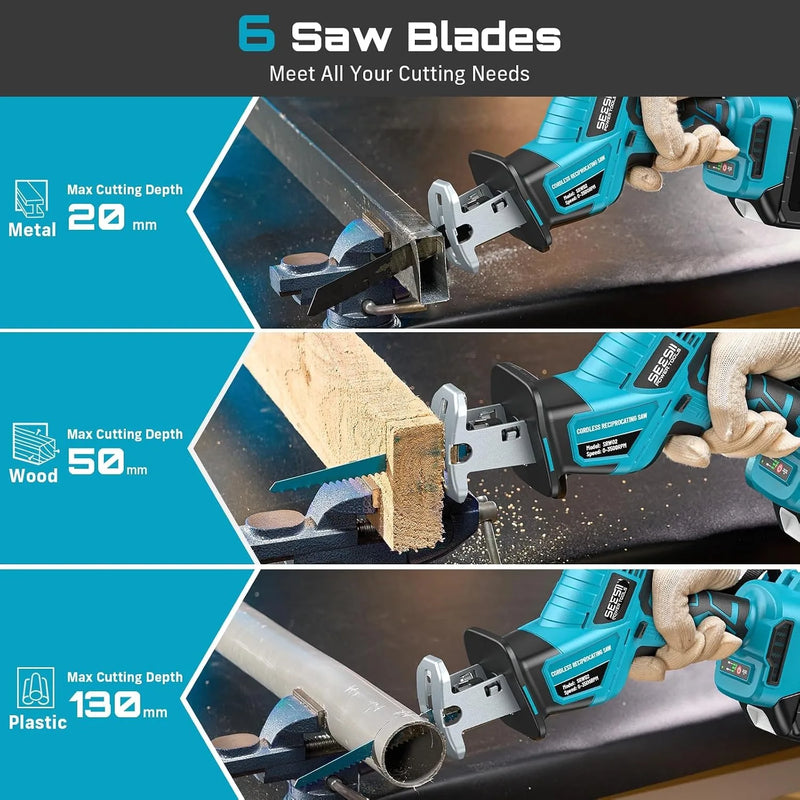 SEESII Reciprocating Saw Cordless Cutting Variable Speed 3500 RPM Brushless Motor with 6 Blades Portable - View 4 | SAMAG