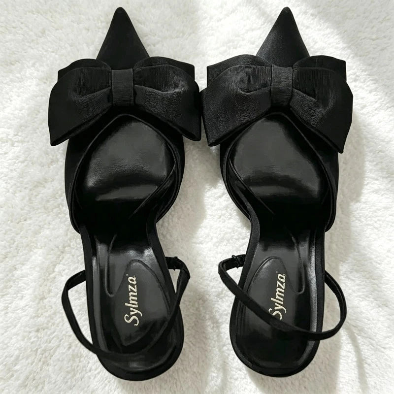 Luxury Silver High Heeled Sandals Women Sexy Pointed Toe Back Strap Thin Heels for Women Elegant Bow Design Banquet Dress Shoes