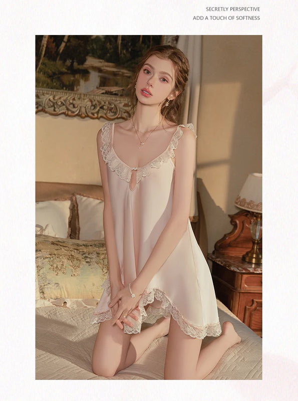 Magdalyn Women Sexy Irregular Lace Strappy Sundress Sleepwear Pajamas Nightgown Fashion Solid Loose Erotic Spaghetti Strap Dress