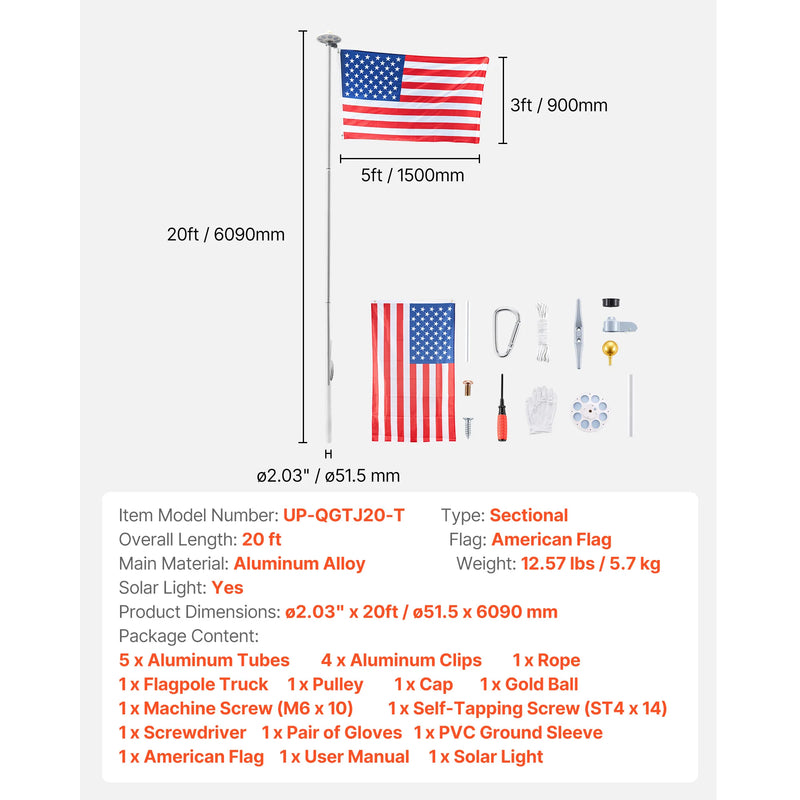 VEVOR 16/20/25/30ft Flag Pole for Outside House In Ground Thick Aluminum Flagpole Kit with 3x5American Flag for Yard Residential