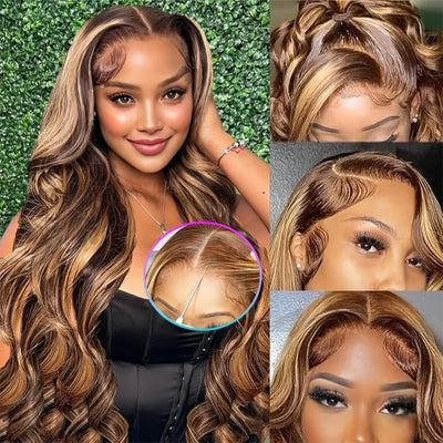 Honey Blonde Ombre Highlight Body Wave Lace Front Human Hair Wigs Pre Plucked Glueless Straight Deep Wave Frontal Wigs For Woman On Clearance Sale