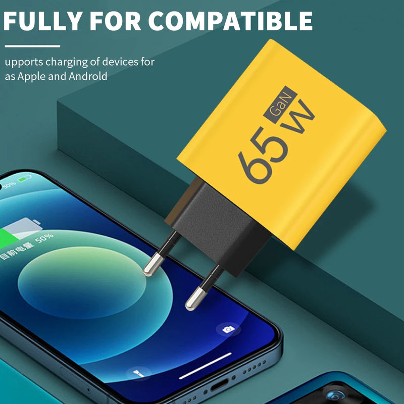 65W 3 Ports GaN USB PD Charger Fast Charging Type C Mobile Phone Adapter Quick Charger 3.0 For iPhone 15 Samsung Xiaomi Huawei
