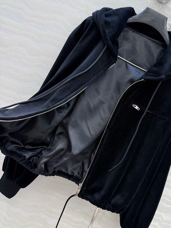 Autumn Winter Fashion Black Velvet Vintage Casual Wide Leg Pants Suit Women's Hooded Long Sleeve Coat+Drawstring Waist Trousers