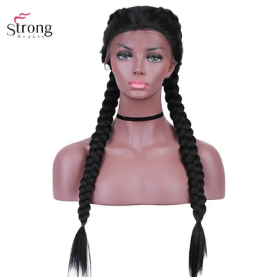 StrongBeauty Two French Braid Hairstyles Lace Front Wigs for women Synthetic lace Wig Long Black
