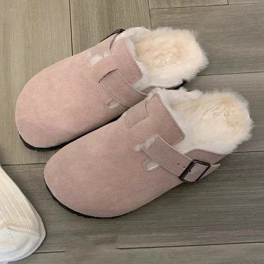 Women's Suede Fleece Lined Clogs with Buckle Warm Winter Mules Slippers Cork Sole Cow Suede Flat with Potato Shoes Beach